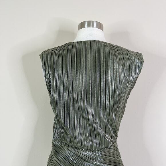 Maje | Romea Metallic Green Plisse Bandage V Neck Designer Mini Dress 38 Medium - Picture 8 of 12